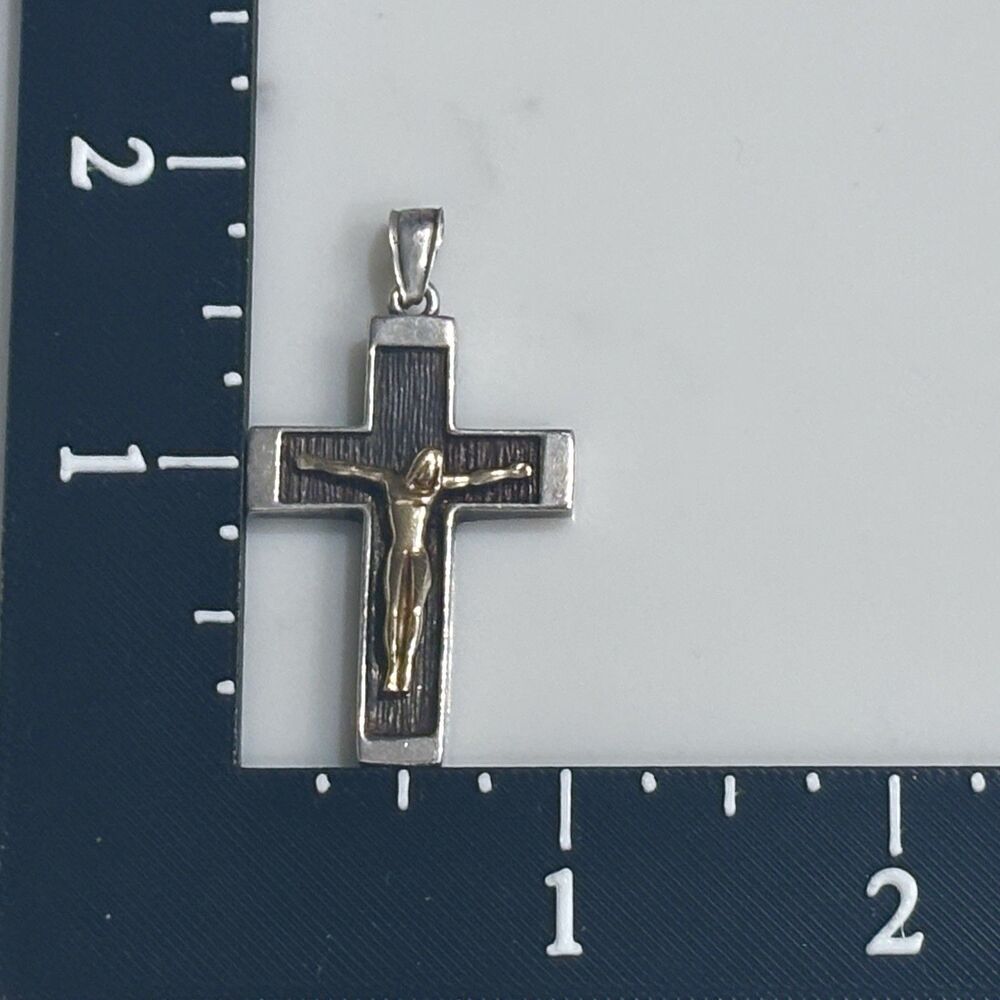 Vintage Michael Anthony Sterling Silver 14K Gold Crucifix Cross Pendant 7.3g - Picture 5 of 13